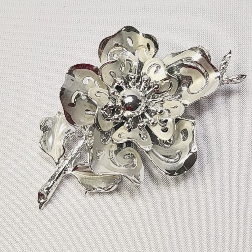 Vintage Signed Coro Silvertone Polished and Matte Tone Floral Brooch Pin